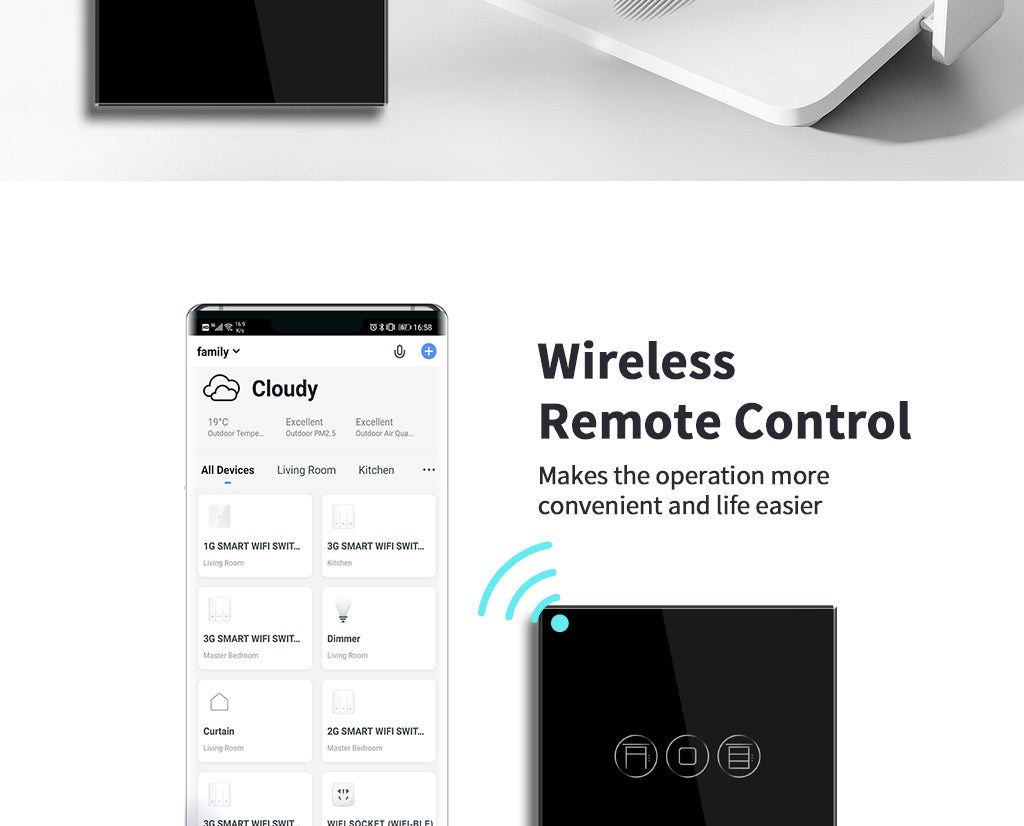 BSEED Wifi-s dupla érintős redőnykapcsoló, 157 mm-es kristályüveg előlap