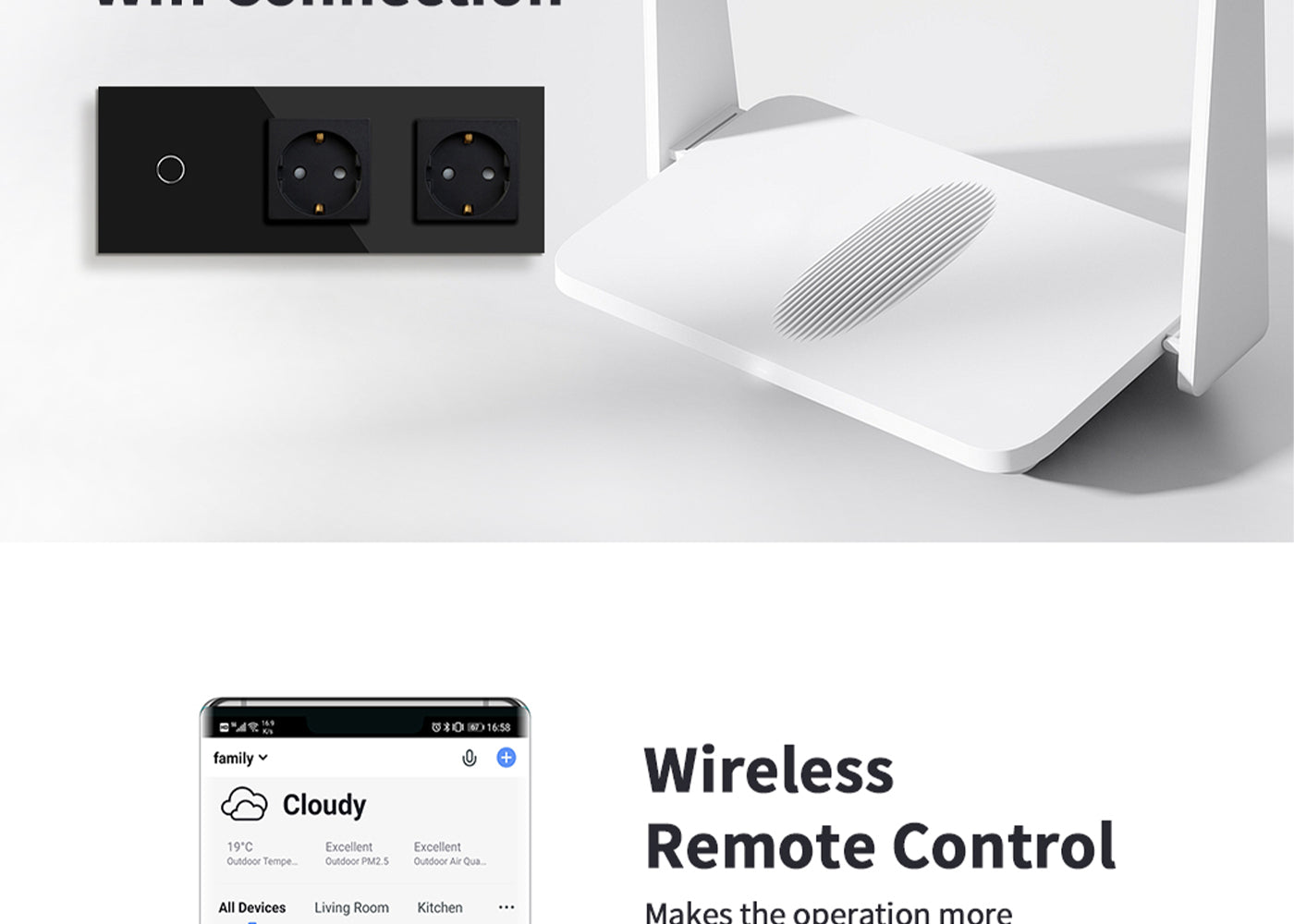 BSEED Wifi-s érintős villanykapcsoló két hagyományos EU konnektorral, 228 mm