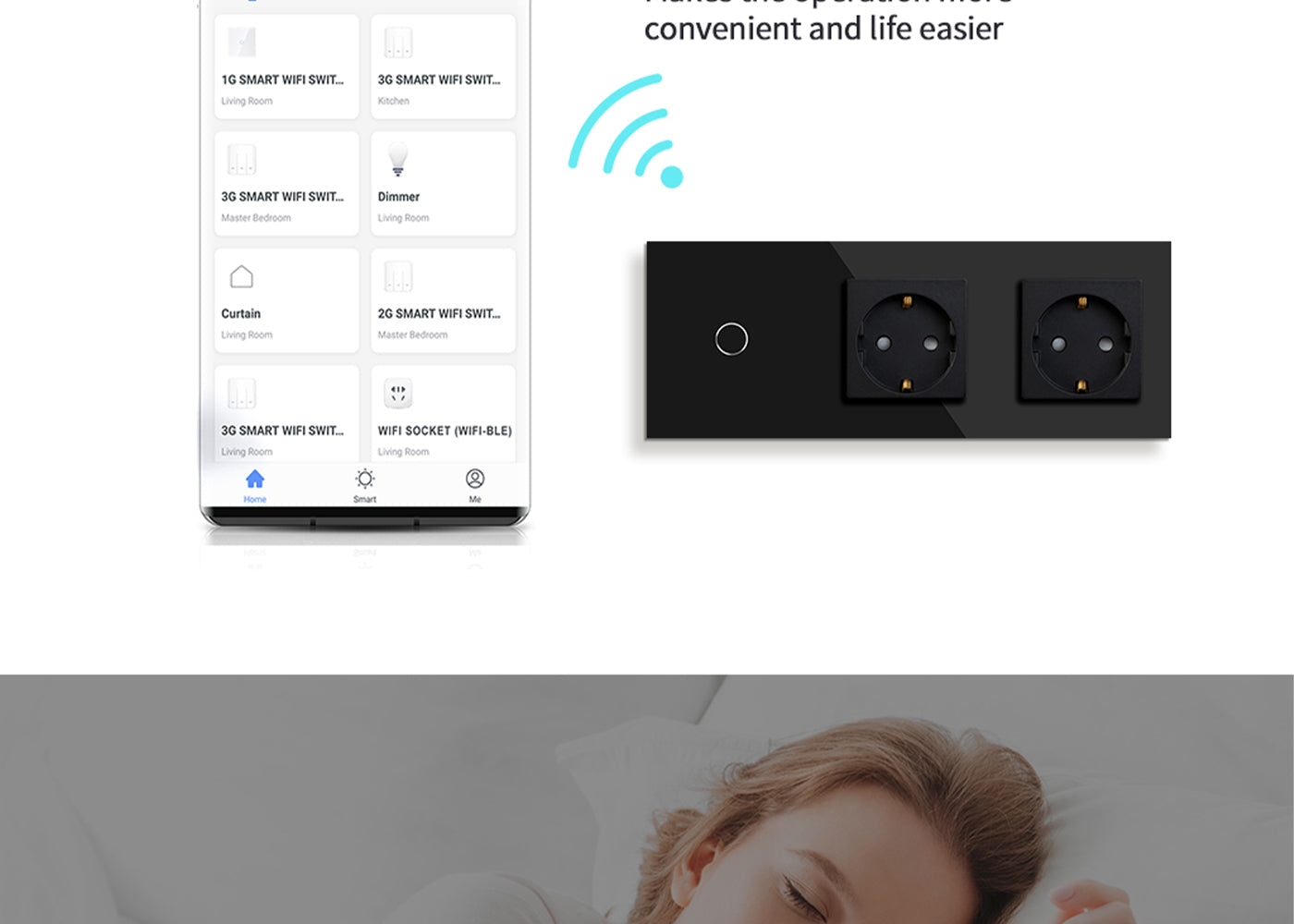 BSEED Wifi-s érintős villanykapcsoló két hagyományos EU konnektorral, 228 mm