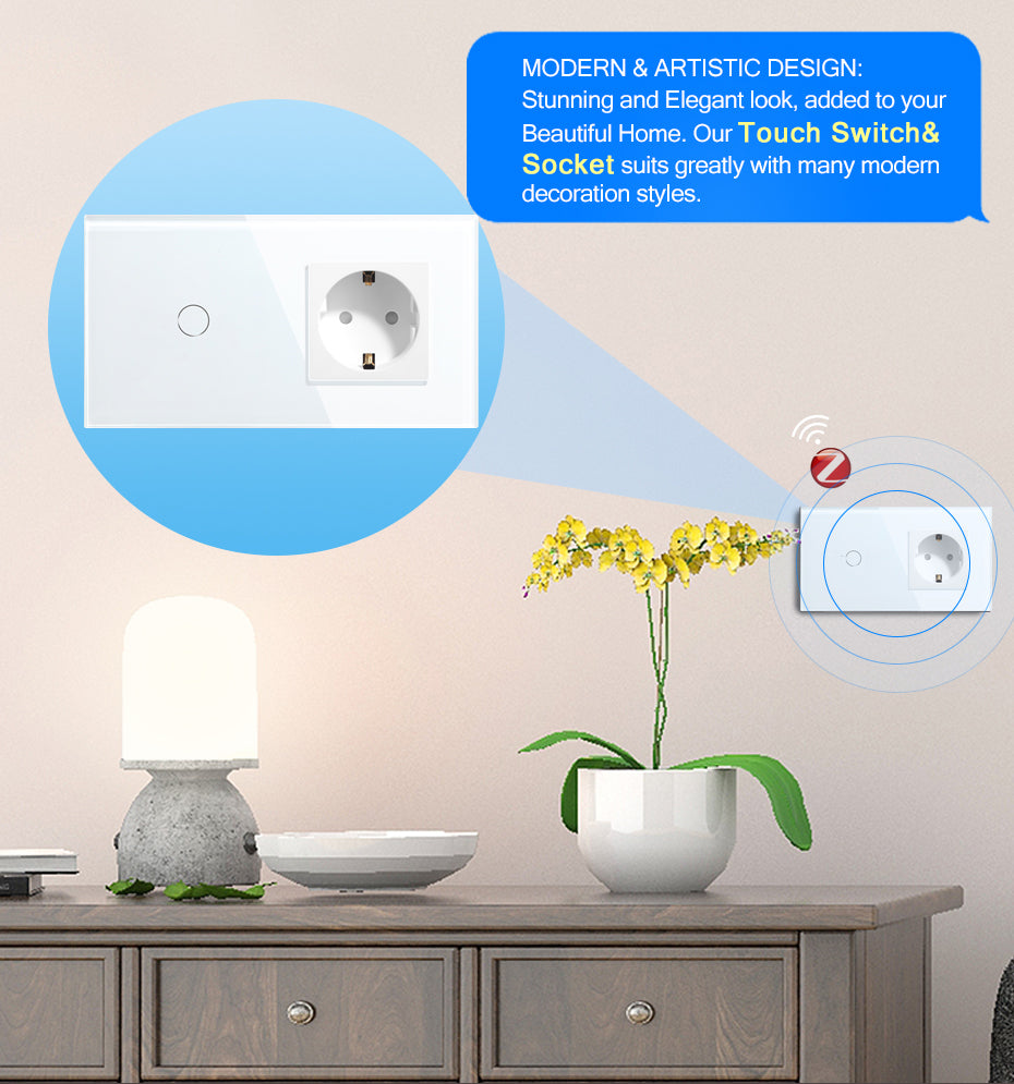 BSEED Zigbee érintős villanykapcsoló hagyományos EU konnektorral, 157 mm