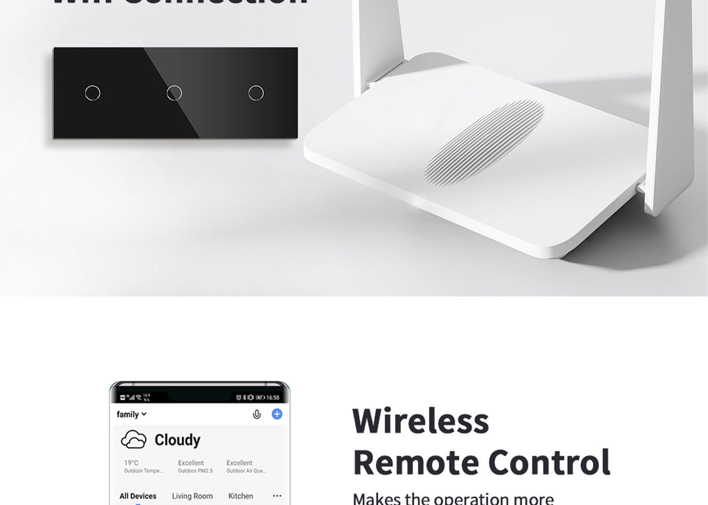 BSEED Wifi-s érintős hármas villanykapcsoló (nullvezetős), 228 mm