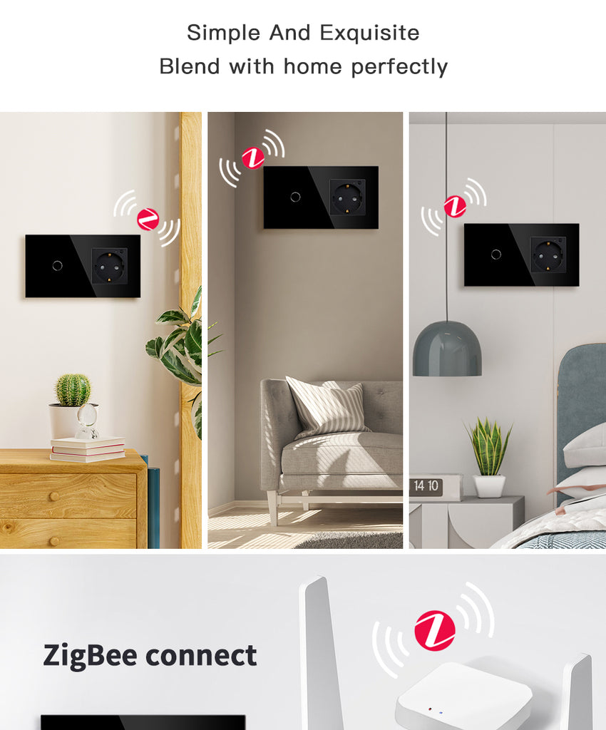 BSEED Zigbee-s érintős villanykapcsoló EU konnektorral, USB és USB-C töltővel