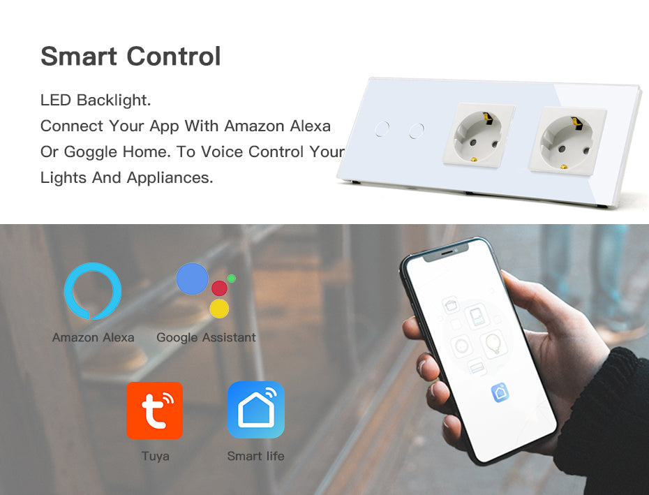 BSEED Zigbee-s érintős villanykapcsoló (nullvezeték nélkül) dupla EU konnektorral