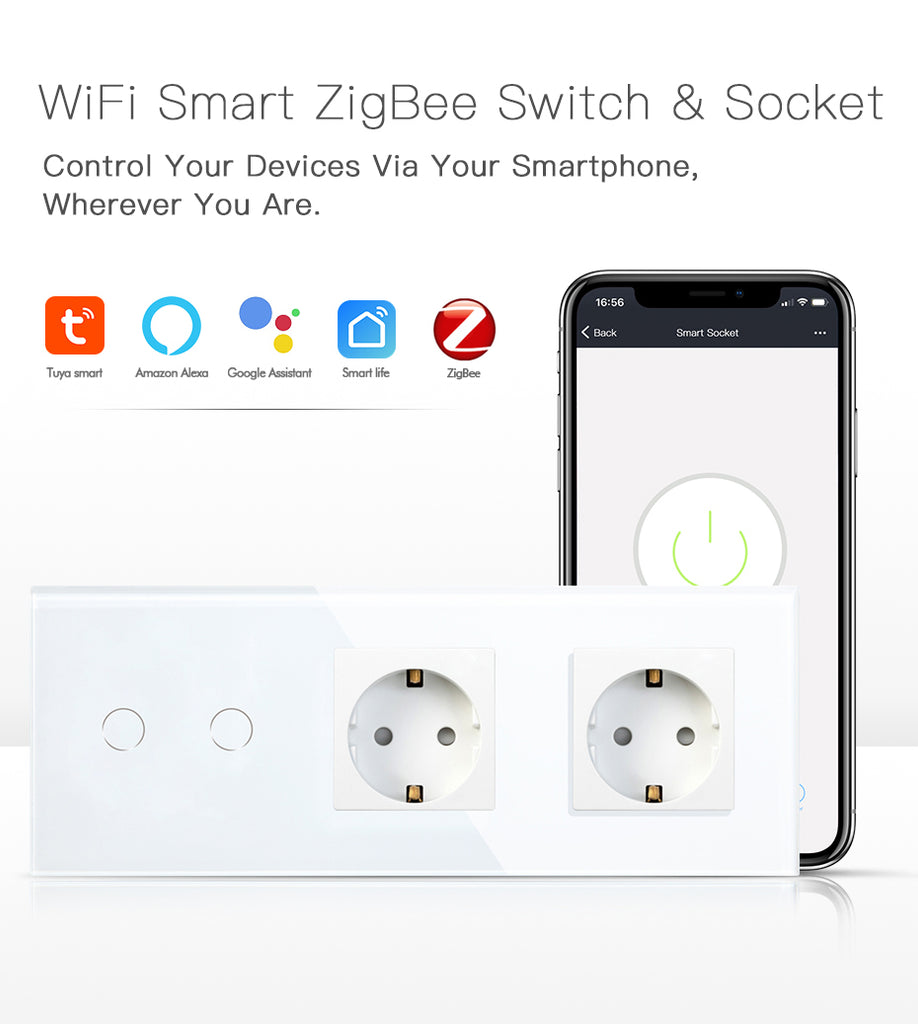 BSEED Zigbee érintős villanykapcsoló dupla EU konnektorral (nem okos), 228 mm