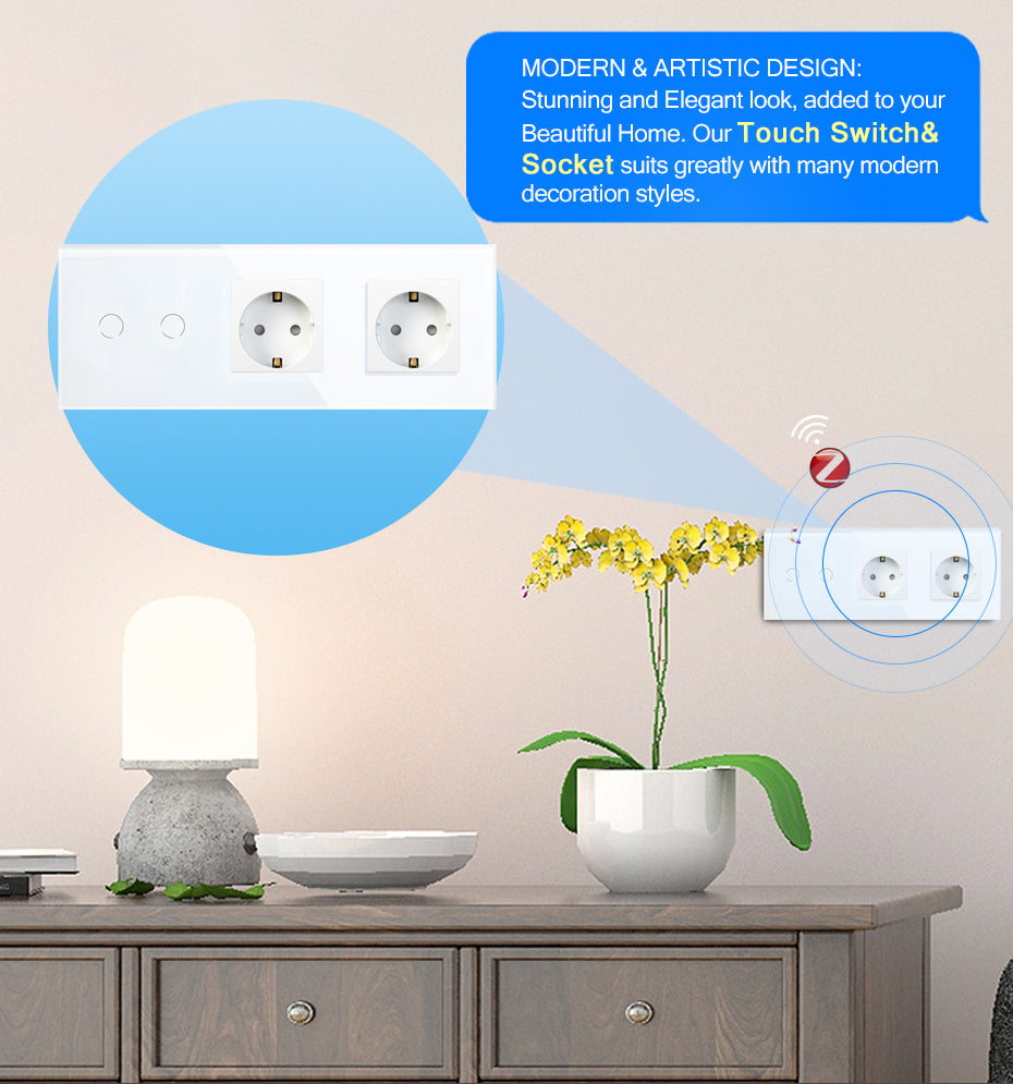 BSEED Zigbee érintős villanykapcsoló dupla EU konnektorral (nem okos), 228 mm