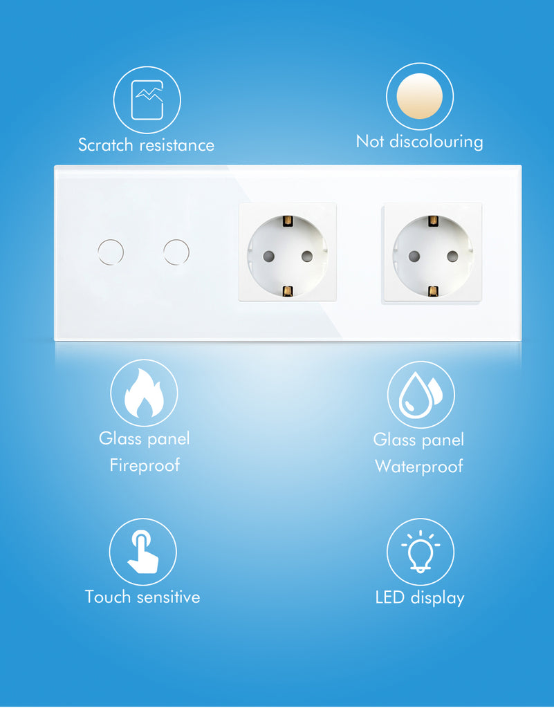 BSEED Zigbee érintős villanykapcsoló dupla EU konnektorral (nem okos), 228 mm
