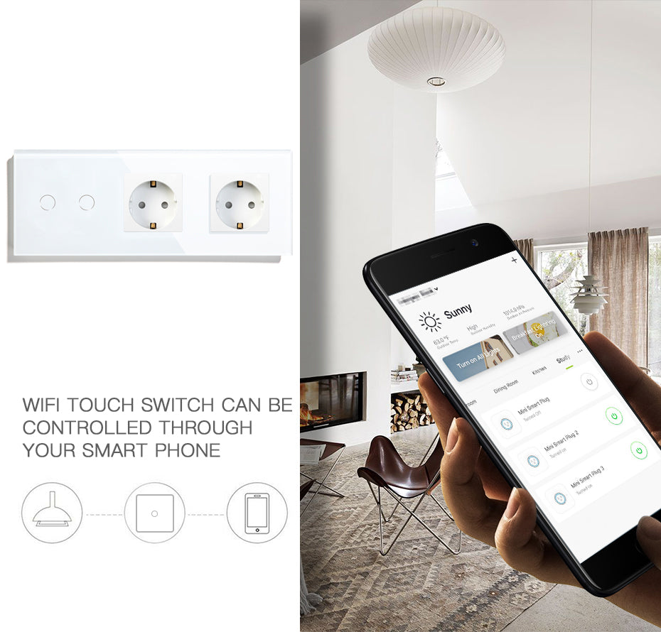 BSEED Zigbee érintős villanykapcsoló dupla EU konnektorral (nem okos), 228 mm