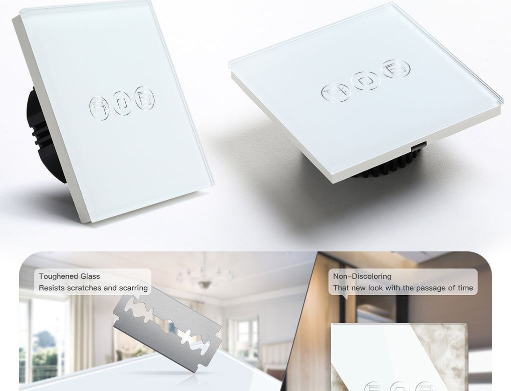 BSEED Zigbee tripla érintős redőnykapcsoló, 228 mm-es üveg előlap