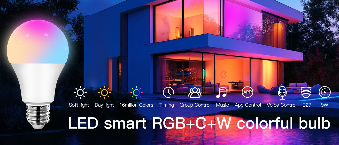 Wifi-s okos LED izzó, 9W, szabályozható fényerő, RGB + hideg/meleg fehér