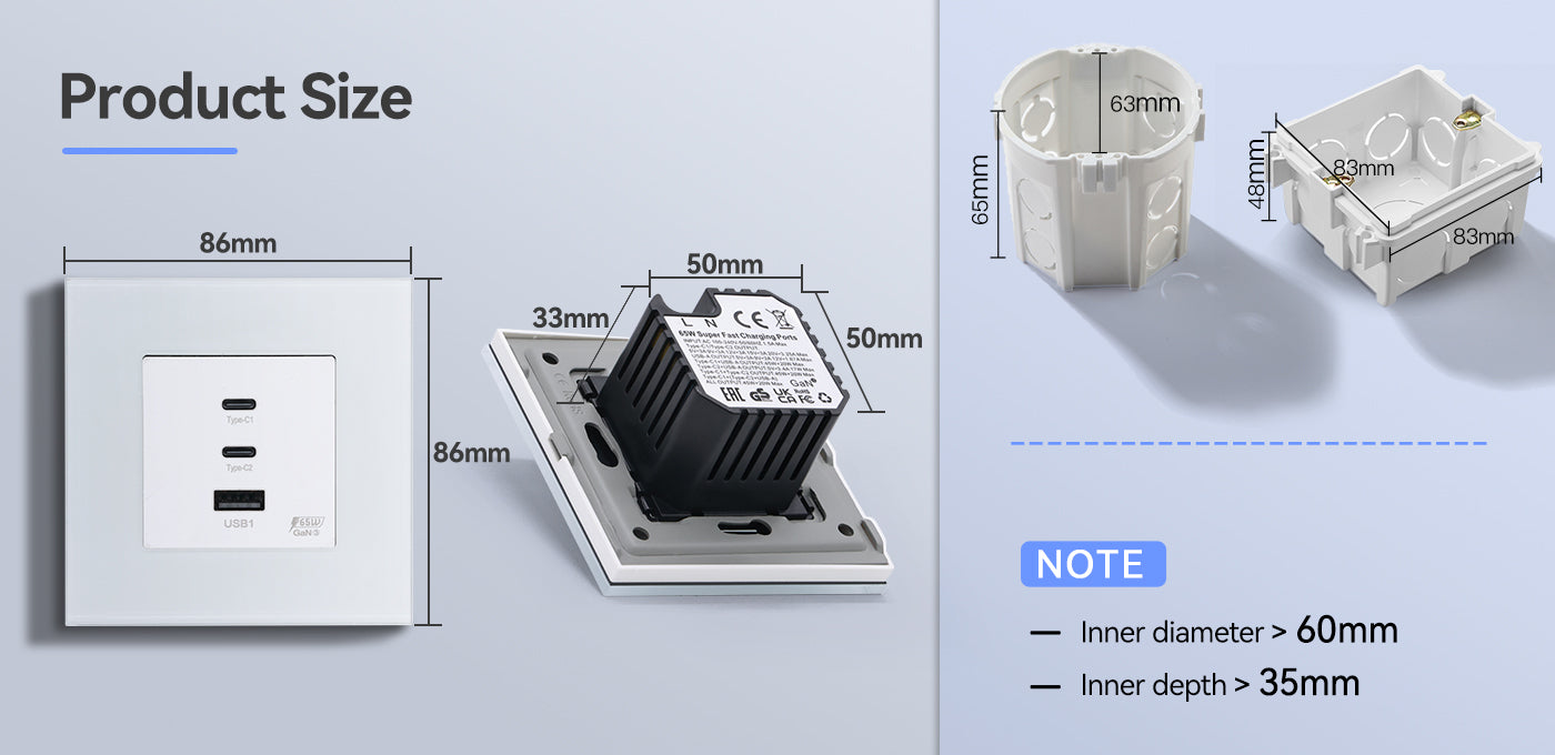 BSEED 65W-os USB-C gyorstöltő fali aljzat, PD3.0, üveg előlap