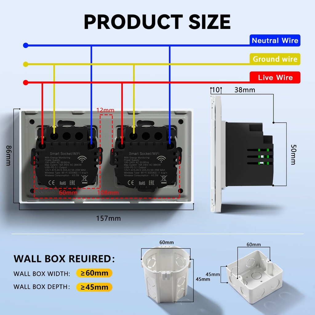 BSEED Wifi-s okos EU konnektor USB és Type-C töltővel, fogyasztásméréssel 9