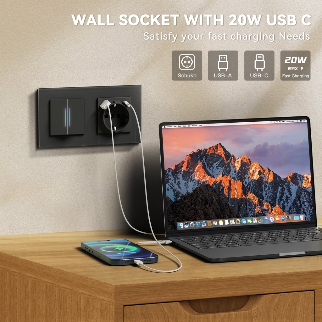 BSEED Echo villanykapcsoló EU konnektorral és USB-C porttal, üveg előlap 3