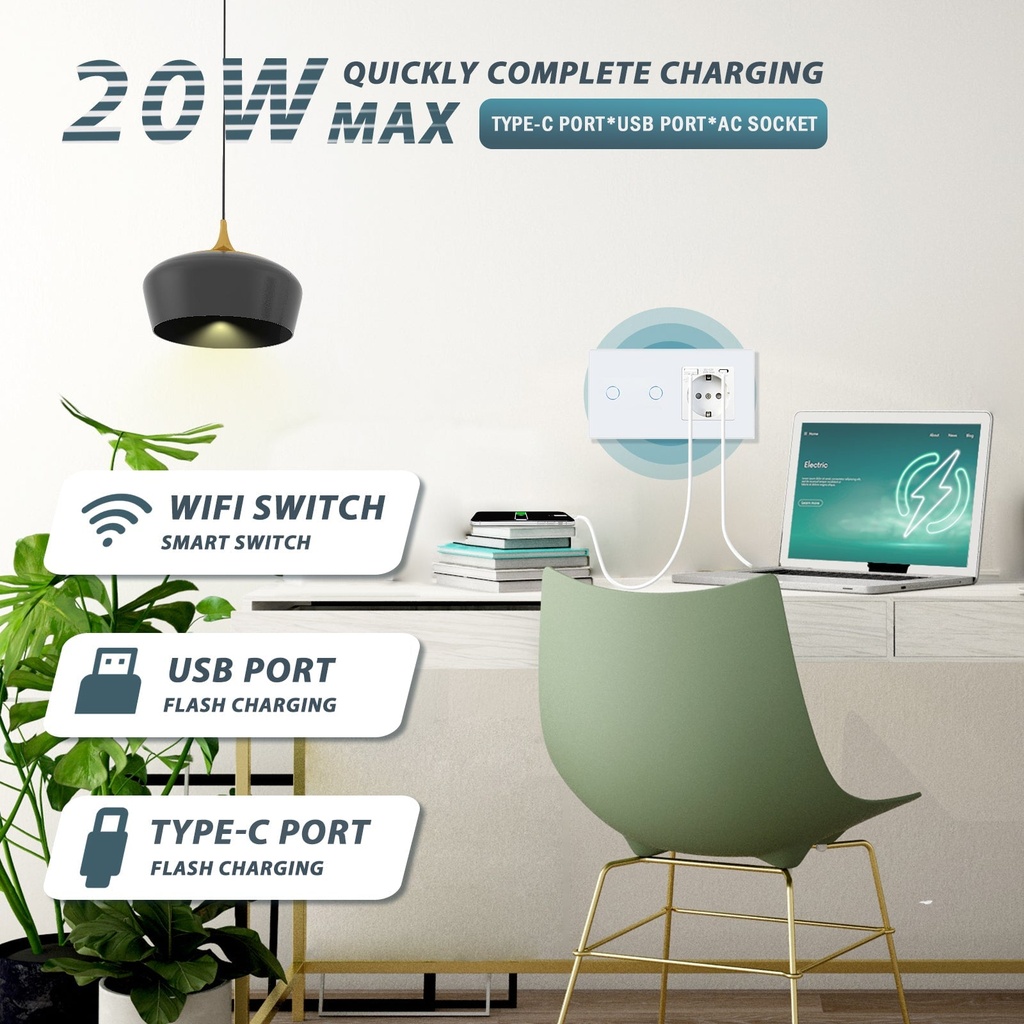 BSEED Wifi-s érintős villanykapcsoló EU konnektorral és 20W USB-C gyorstöltővel 7