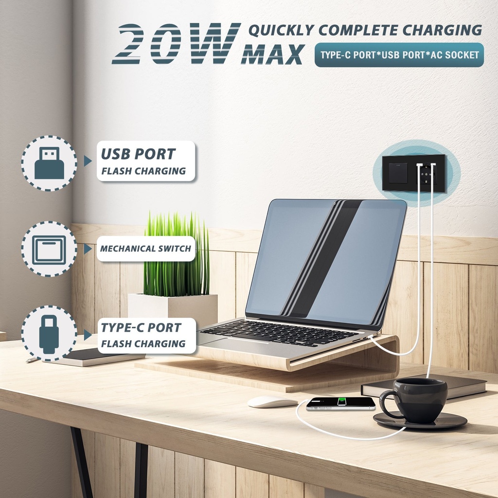 BSEED villanykapcsoló dupla EU konnektorral és USB-C gyorstöltővel, üveg keret 1