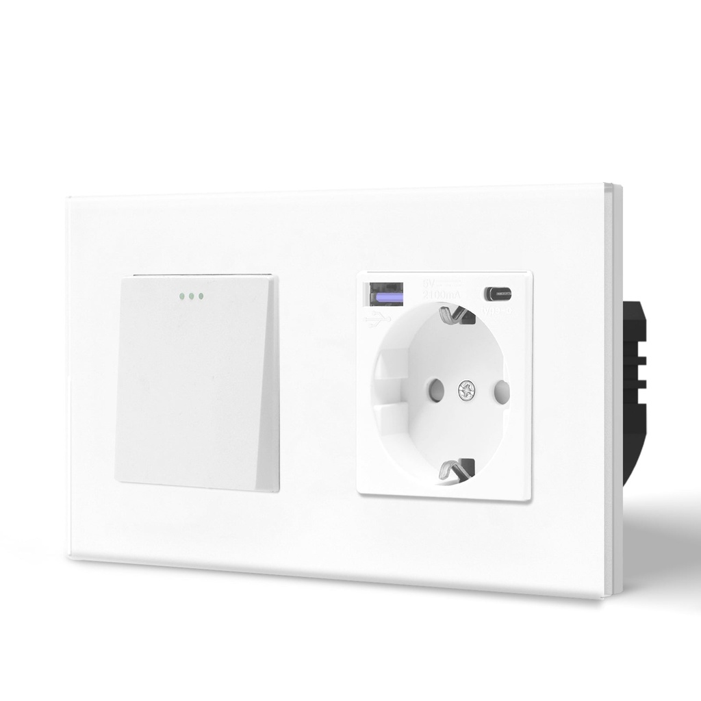 BSEED villanykapcsoló dupla EU konnektorral és USB-C gyorstöltővel, üveg keret 8