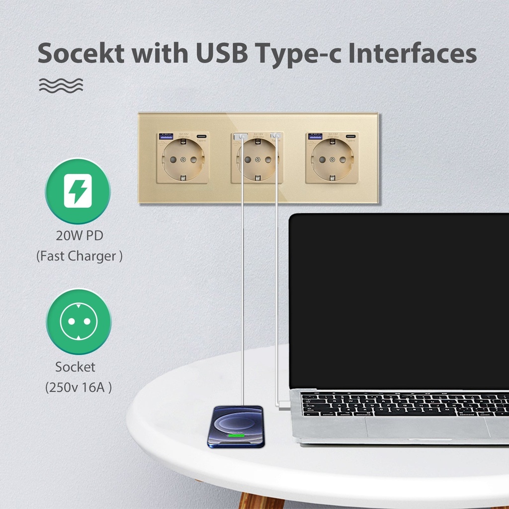 BSEED EU konnektor 20W PD USB-C gyorstöltővel, üveg vagy műanyag előlap 5