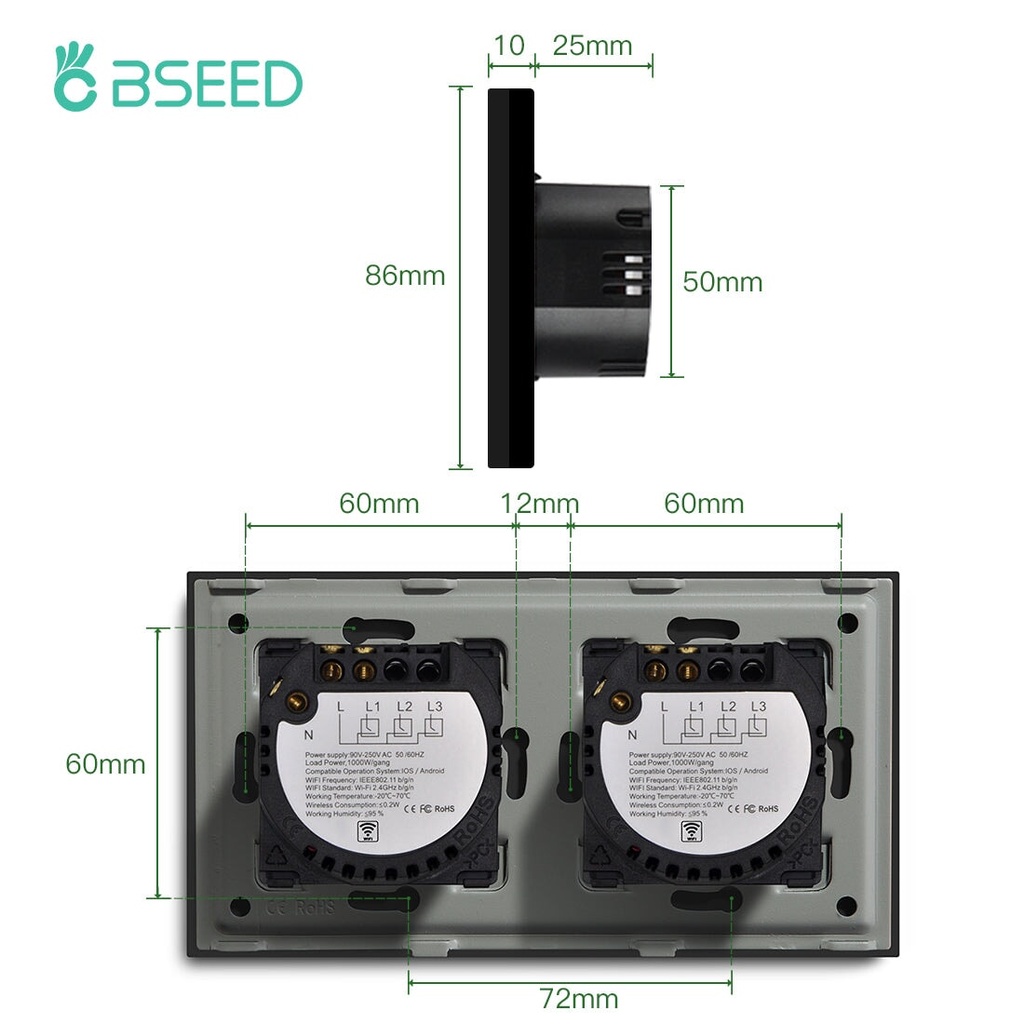 BSEED Zigbee-s dupla okos villanykapcsoló (nullvezetős), üveg előlap 5