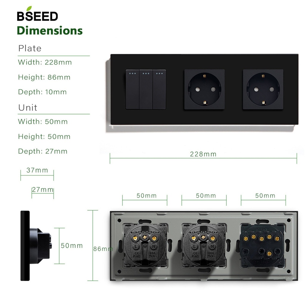 BSEED villanykapcsoló dupla EU konnektorral, 228 mm-es üveg keret 2