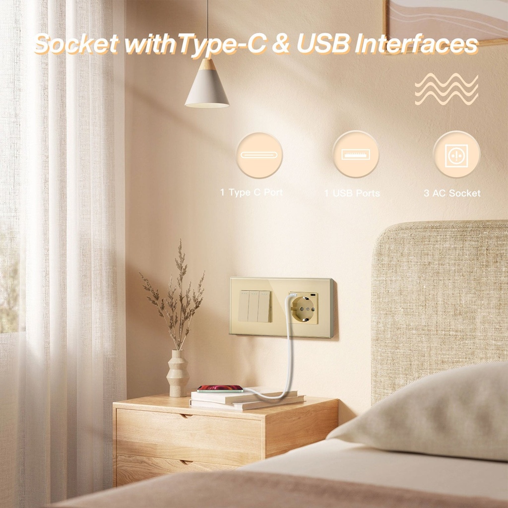 BSEED villanykapcsoló hagyományos EU konnektorral és USB-C csatlakozóval 2
