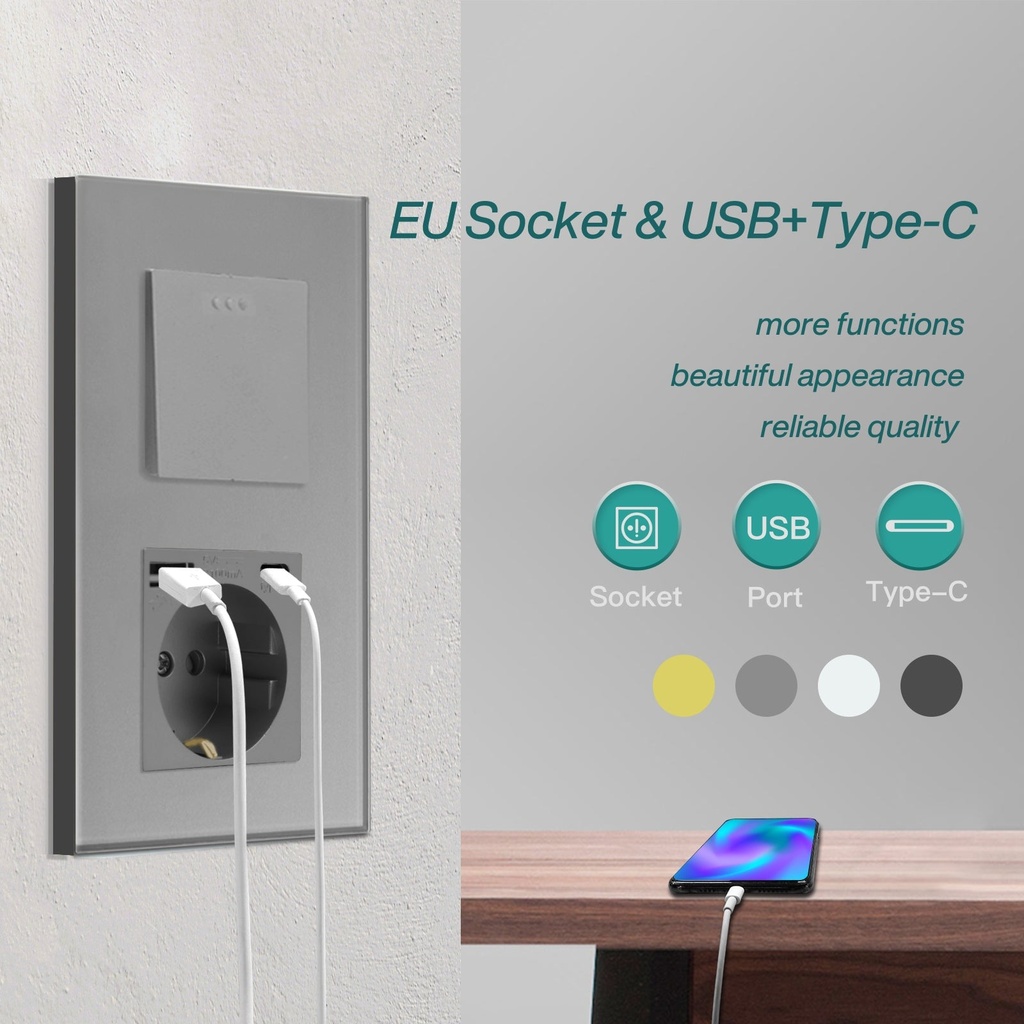 BSEED villanykapcsoló hagyományos EU konnektorral és USB-C csatlakozóval 5