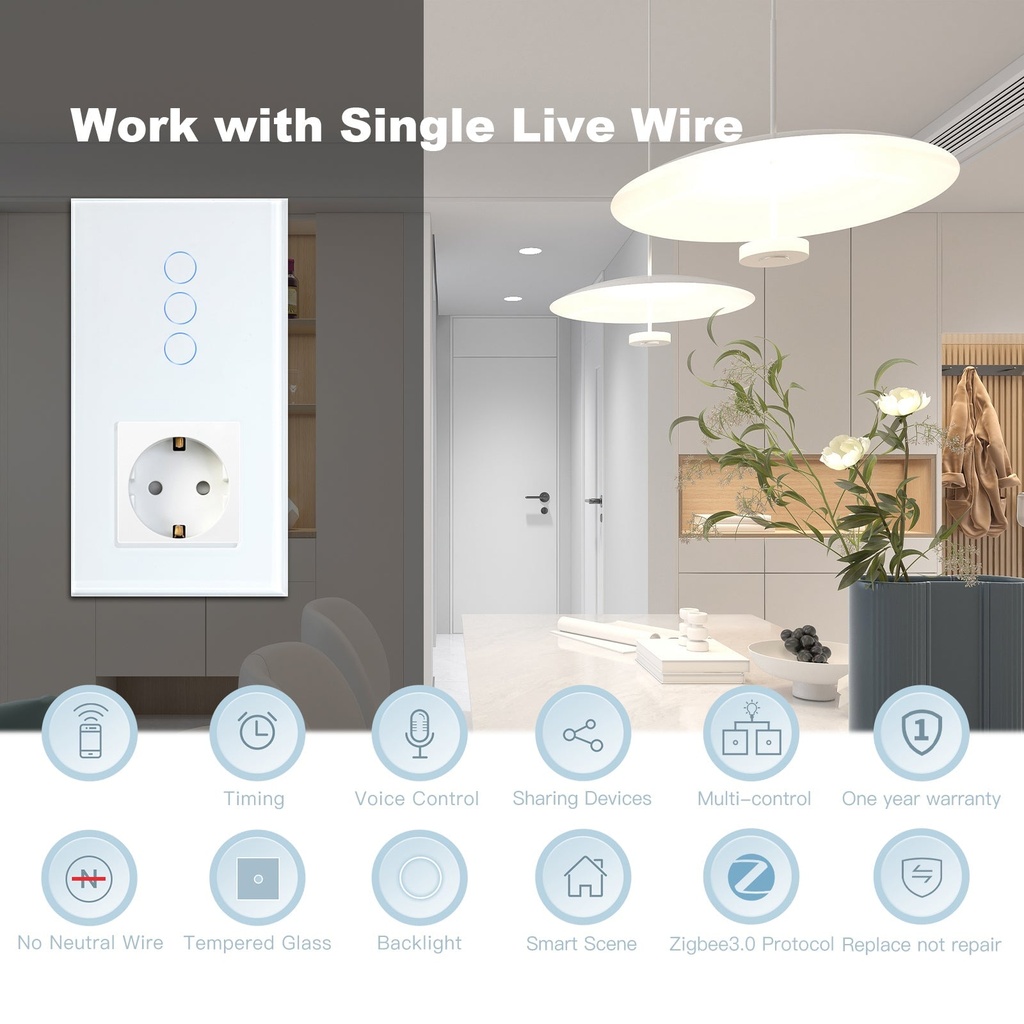 BSEED Zigbee-s érintős villanykapcsoló (nullvezeték nélkül) EU konnektorral 1