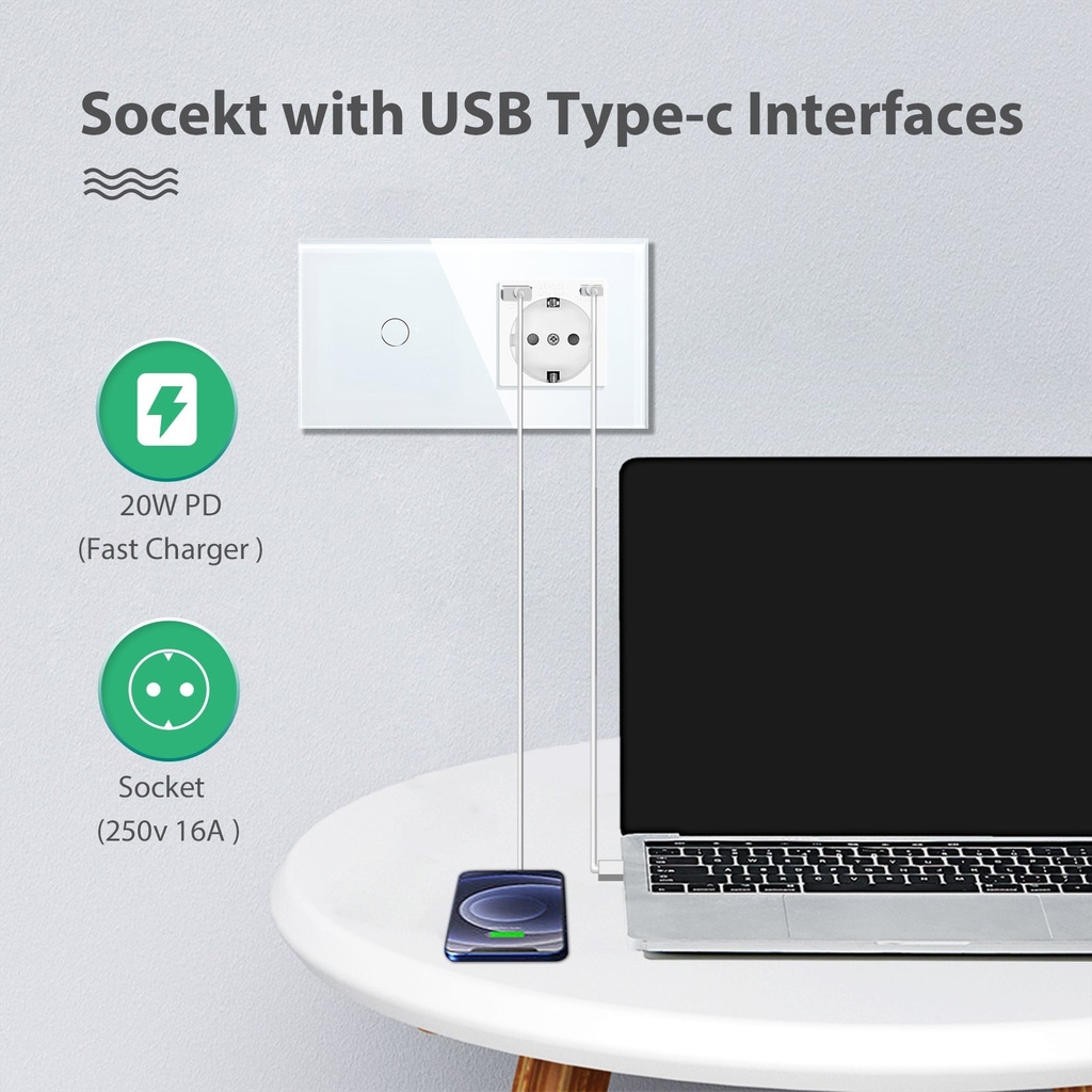 BSEED érintős villanykapcsoló EU konnektorral és 20W-os USB-C töltővel 2