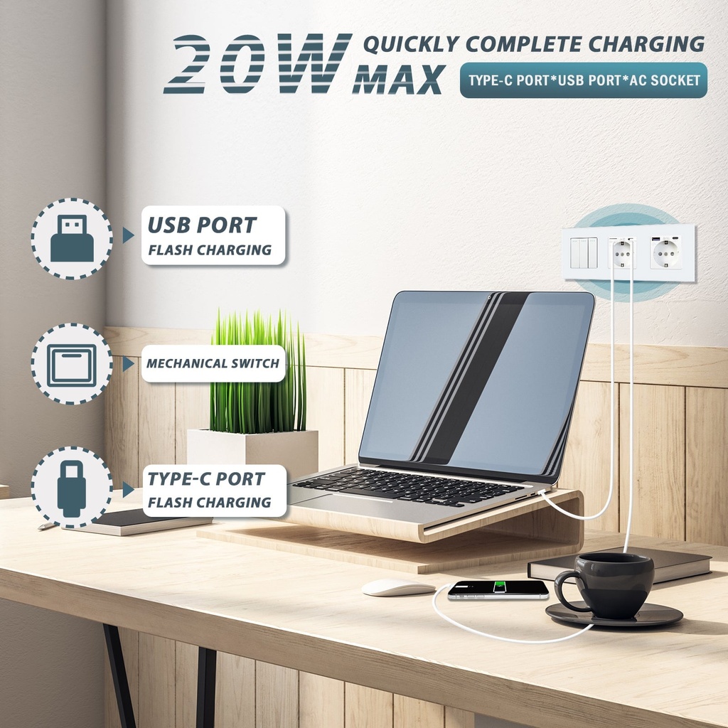 BSEED villanykapcsoló dupla EU konnektorral és USB-C gyorstöltővel, 228 mm 2
