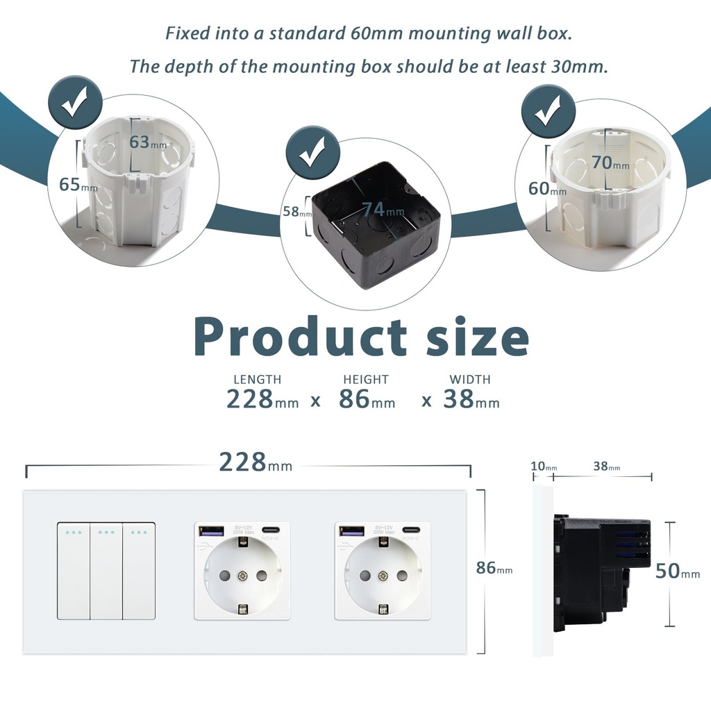 BSEED villanykapcsoló dupla EU konnektorral és USB-C gyorstöltővel, 228 mm 5