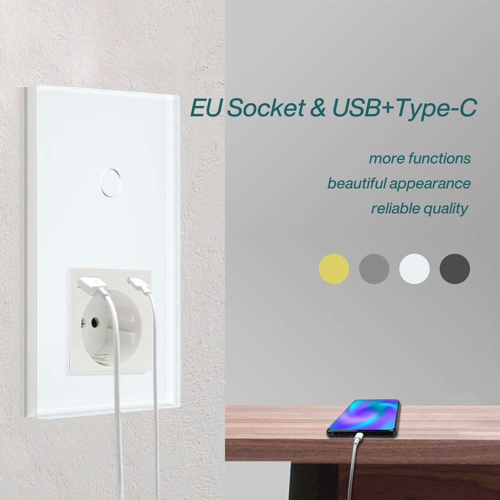 BSEED Wifi-s érintős villanykapcsoló EU konnektorral, USB-A és USB-C töltővel 2