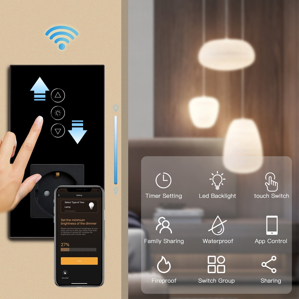 BSEED Wifi-s okos fényerő-szabályzó EU konnektorral, kristályüveg előlap 1