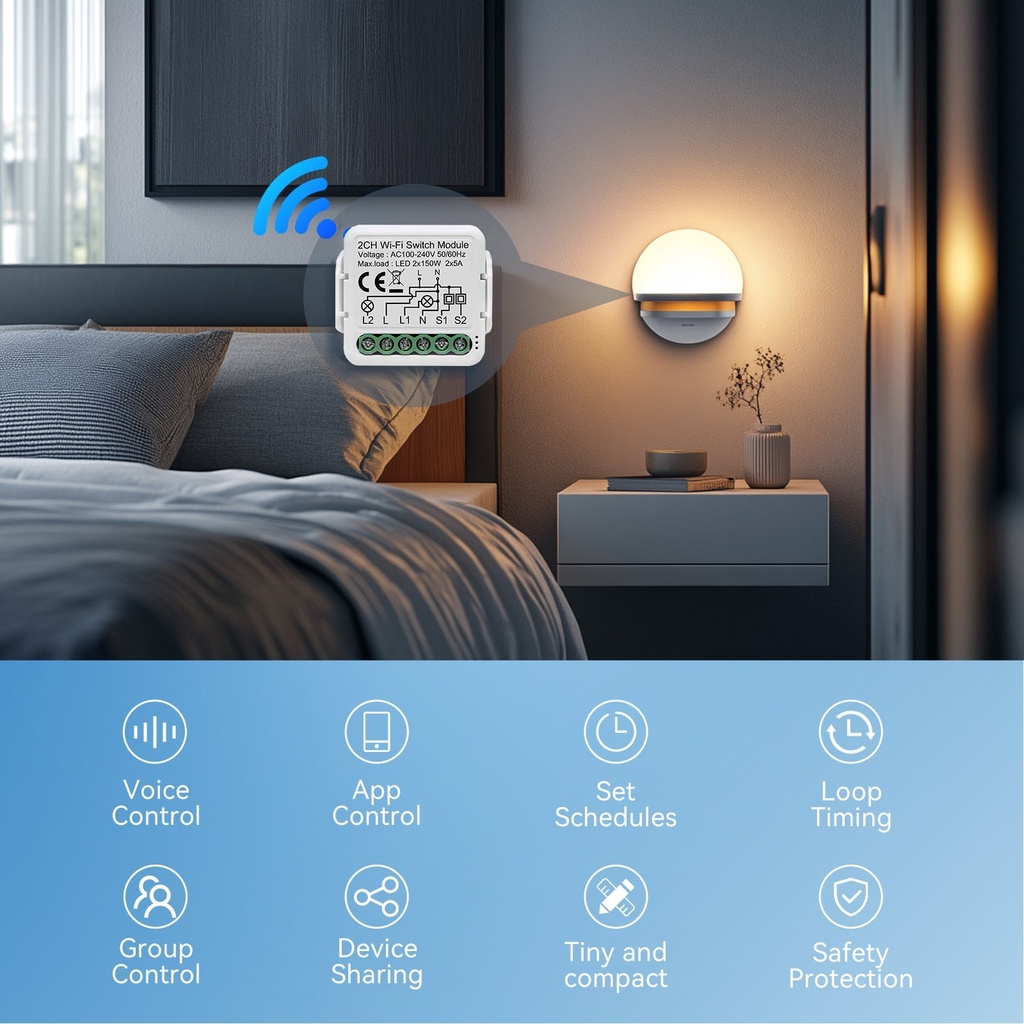 BSEED Wifi-s okos kapcsolómodul villanykapcsolóhoz, 2–4 csatornás 1