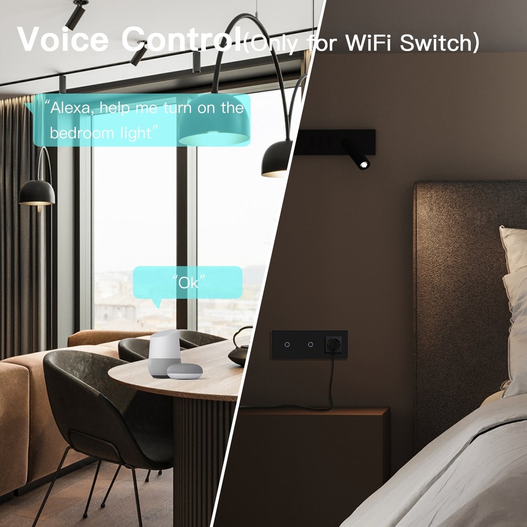 BSEED Wifi-s érintős dupla villanykapcsoló hagyományos EU konnektorral, 228 mm 1