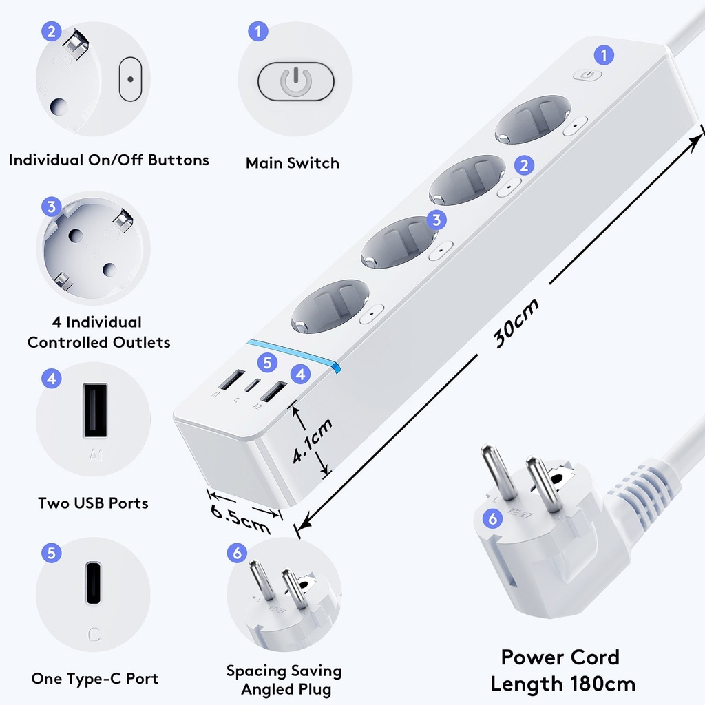 BSEED Wifi-s okos elosztó 4 külön vezérelhető aljzattal, fogyasztásméréssel, 30W USB/Type-C 2