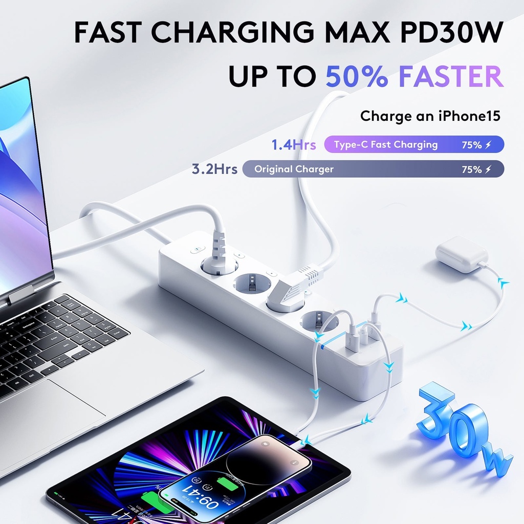 BSEED Wifi-s okos elosztó 4 külön vezérelhető aljzattal, fogyasztásméréssel, 30W USB/Type-C 3