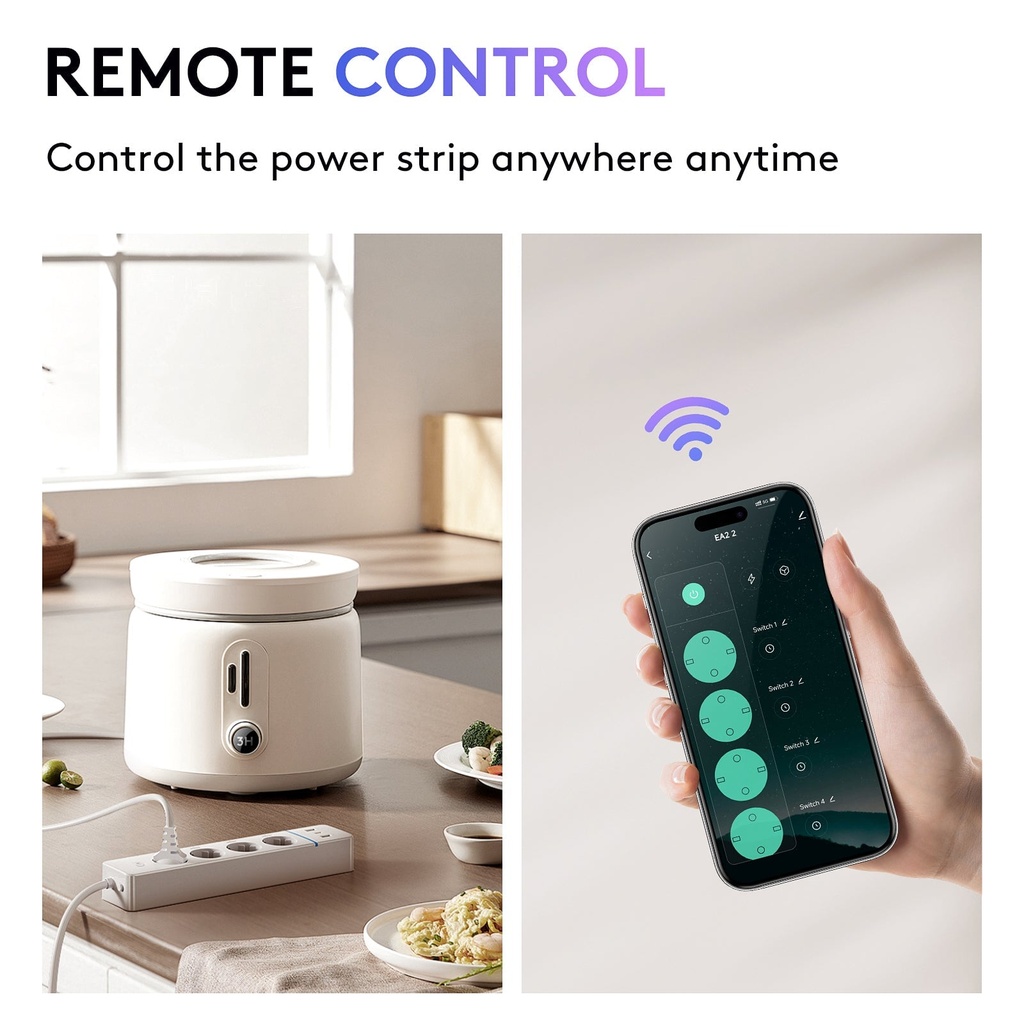 BSEED Wifi-s okos elosztó 4 külön vezérelhető aljzattal, fogyasztásméréssel, 30W USB/Type-C 5