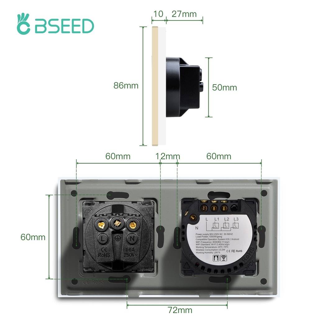 BSEED Wifi-s érintős redőnykapcsoló hagyományos EU konnektorral, 157 mm 2