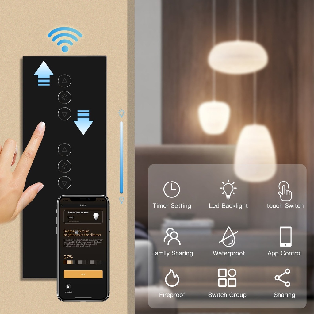 BSEED Wifi-s érintős hármas redőnykapcsoló, 228 mm-es kristályüveg panel 3