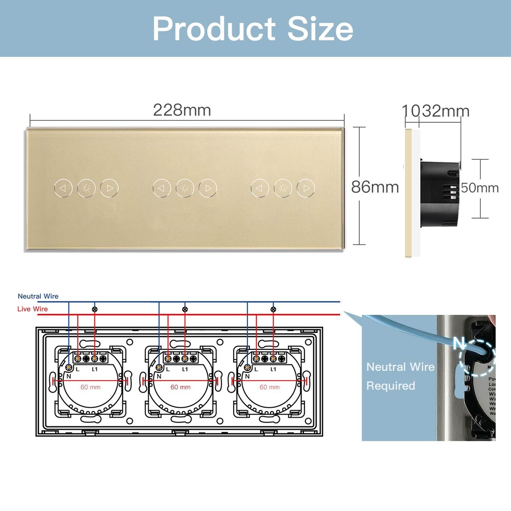 BSEED Wifi-s érintős hármas redőnykapcsoló, 228 mm-es kristályüveg panel 9