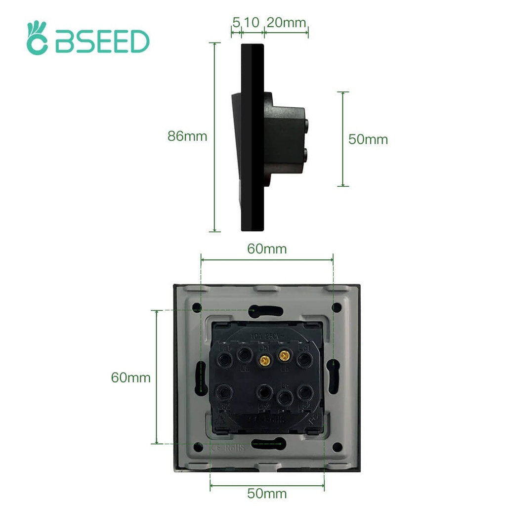 BSEED visszarugós (nyomó) mechanikus kapcsoló, üveg előlap, 1–2 kapcsolós 5