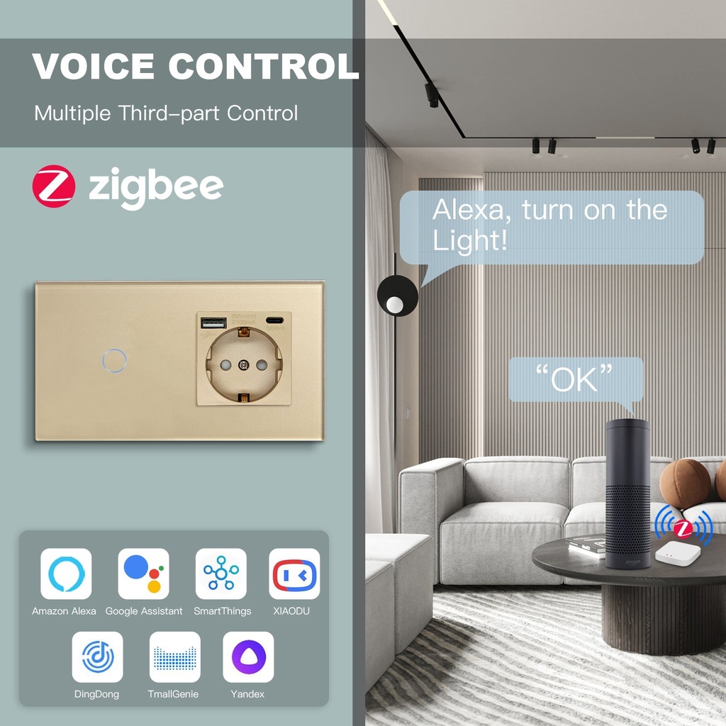 BSEED Zigbee villanykapcsoló (nullvezeték nélkül) EU konnektorral, USB-C töltővel 1