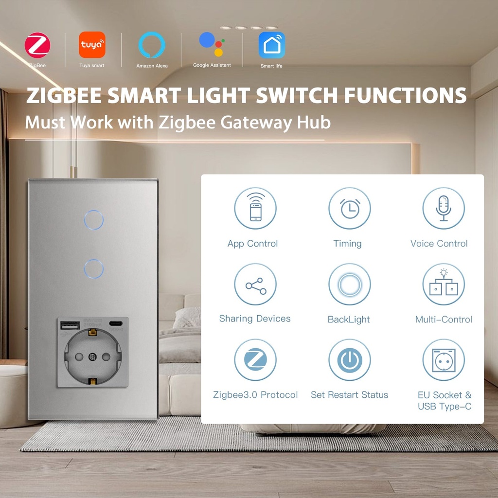 BSEED Zigbee villanykapcsoló (nullvezeték nélkül) EU konnektorral, USB-C töltővel 2