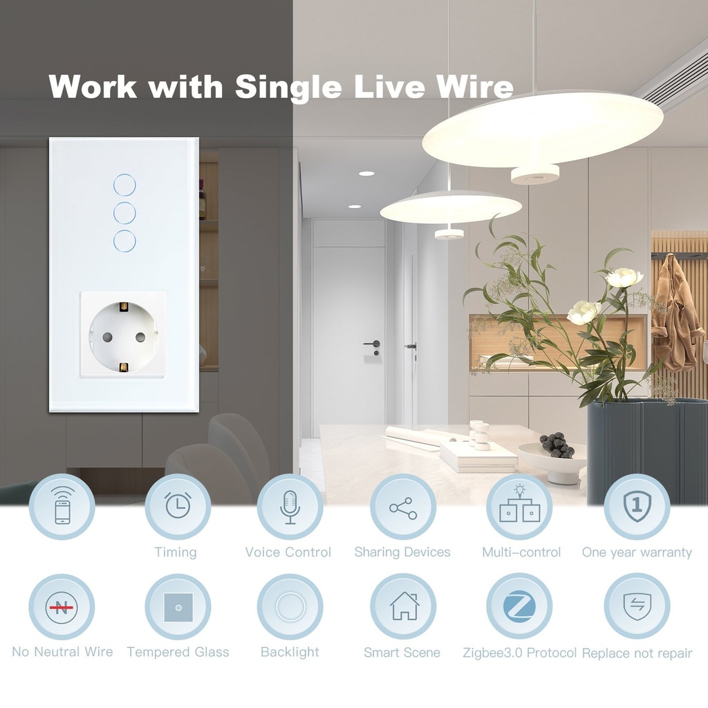 BSEED Zigbee érintős villanykapcsoló hagyományos EU konnektorral, 157 mm 1