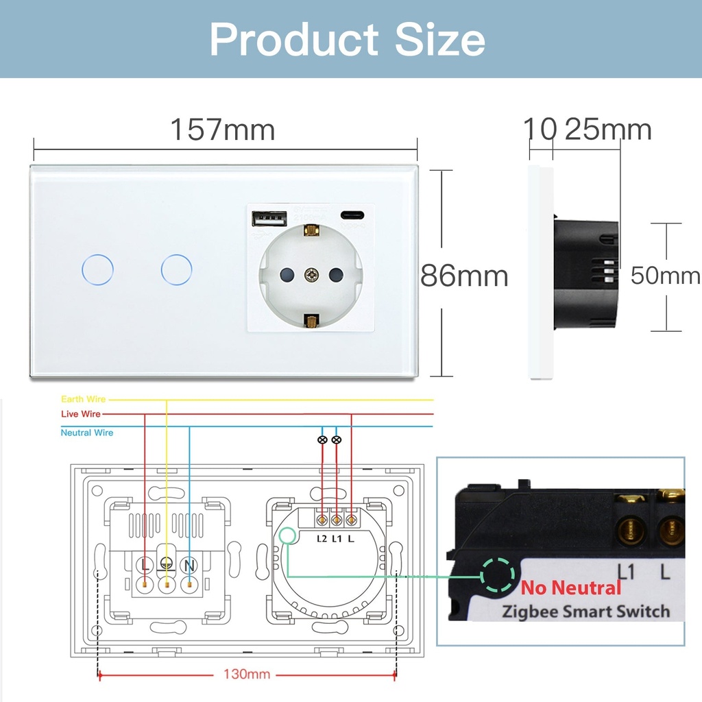 BSEED Zigbee villanykapcsoló (nullvezeték nélkül) EU konnektorral, USB-C töltővel 3