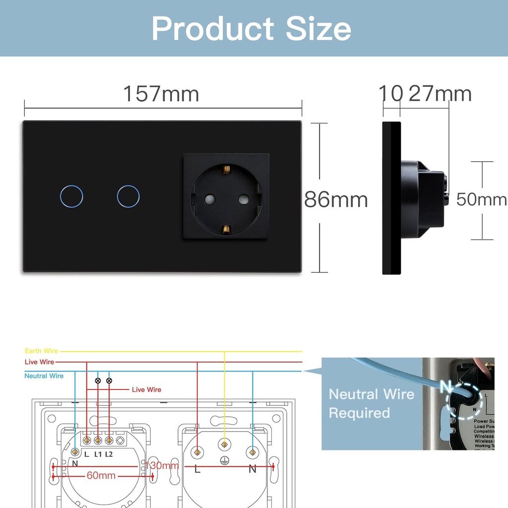 BSEED Zigbee érintős villanykapcsoló hagyományos EU konnektorral, 157 mm 11