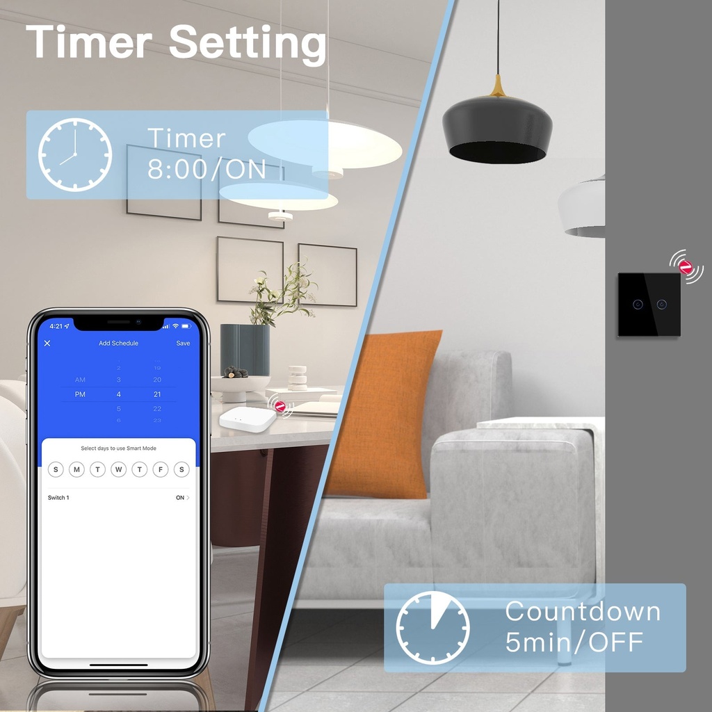 BSEED Zigbee okos villanykapcsoló (nullvezetős), 1–4 kapcsolós 5