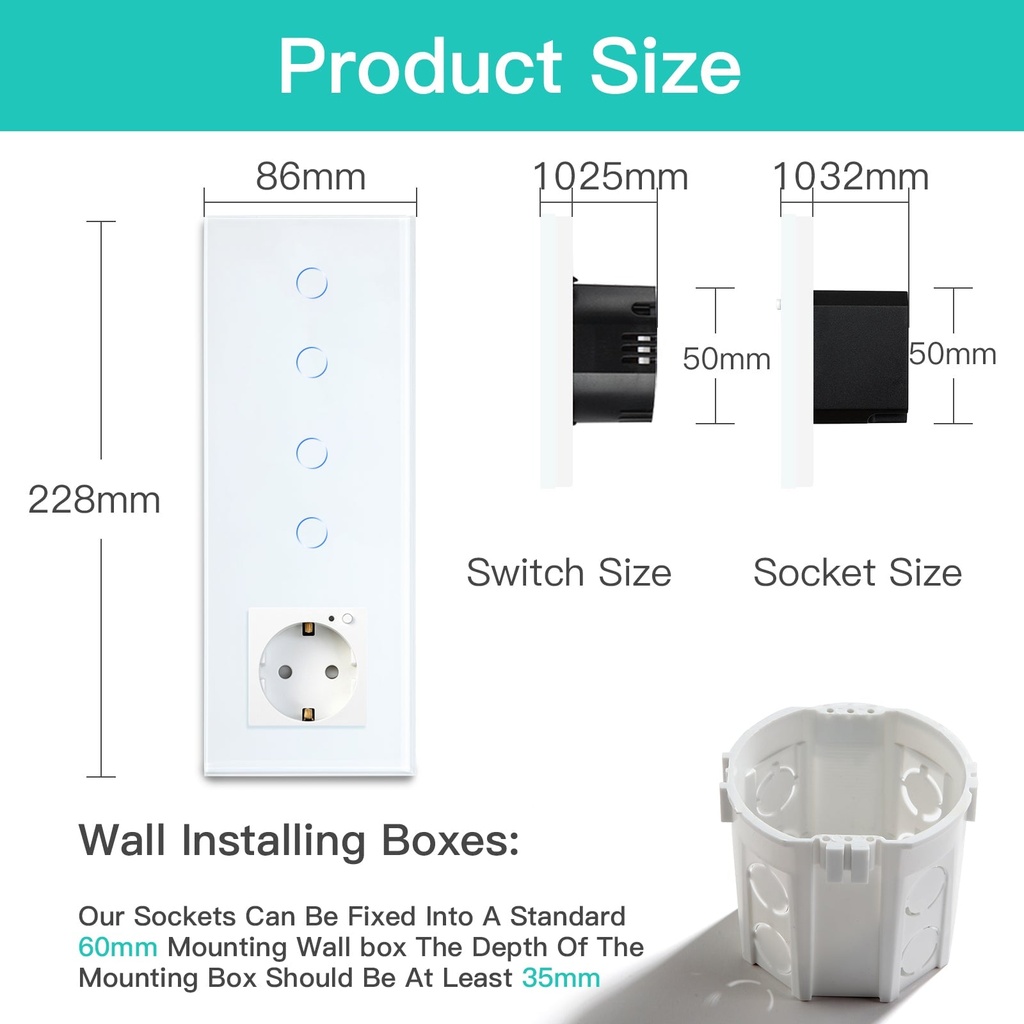 BSEED dupla Wifi-s érintős villanykapcsoló EU konnektorral, 228 mm-es üveg előlap 5