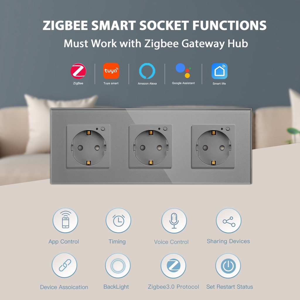 BSEED Zigbee-s okos EU konnektor gyermekvédelemmel, üveg előlap 1