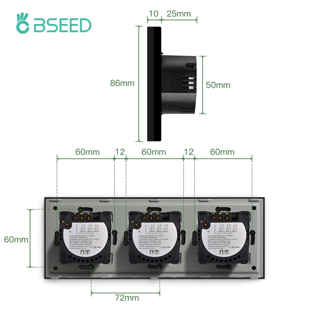 BSEED Wifi-s hármas érintős redőnykapcsoló, 228 mm-es üveg előlap 6
