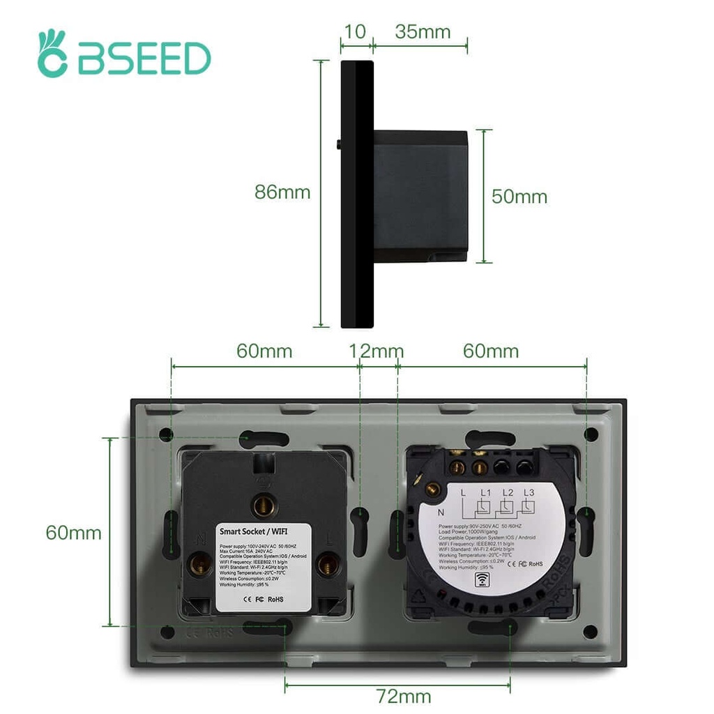BSEED Wifi-s okos villanykapcsoló Wifi-s EU konnektorral, 157 mm 7