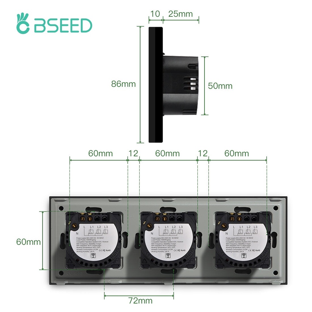 BSEED Wifi-s érintős hármas villanykapcsoló (nullvezetős), 228 mm 1